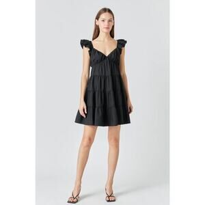Anthropologie Endless Rose Woman Black Tiered Mini Dress, Size Large